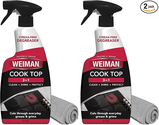 Weiman Daily Cooktop Cleaner with Microfiber Cloth Included for Glass Ceramic and Induction Cook Tops, 22oz (Pack of 2)