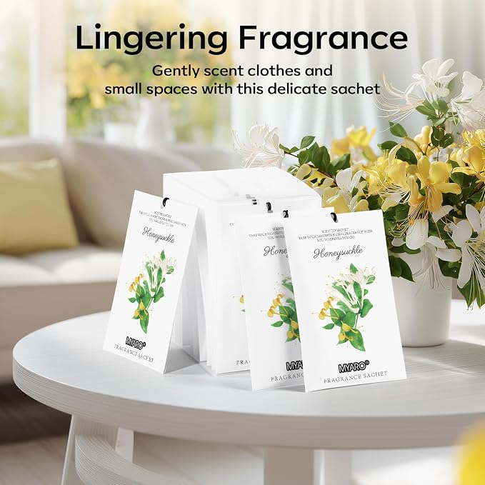 MYARO 12 Packs Honeysuckle Scented Sachets for Drawer and Closet, Long Lasting Air Freshener Fresh Scents Potpourri Bags Home Fragrance for Room Car Small Space
