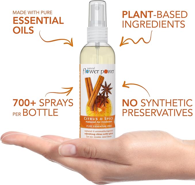 Natural Flower Power Air Freshener Spray - Odor Eliminator w/Essential Oils - Home, Car & Fabric - Cruelty Free & Vegan - 3 - Citrus & Spice - 3 x 4 fl oz