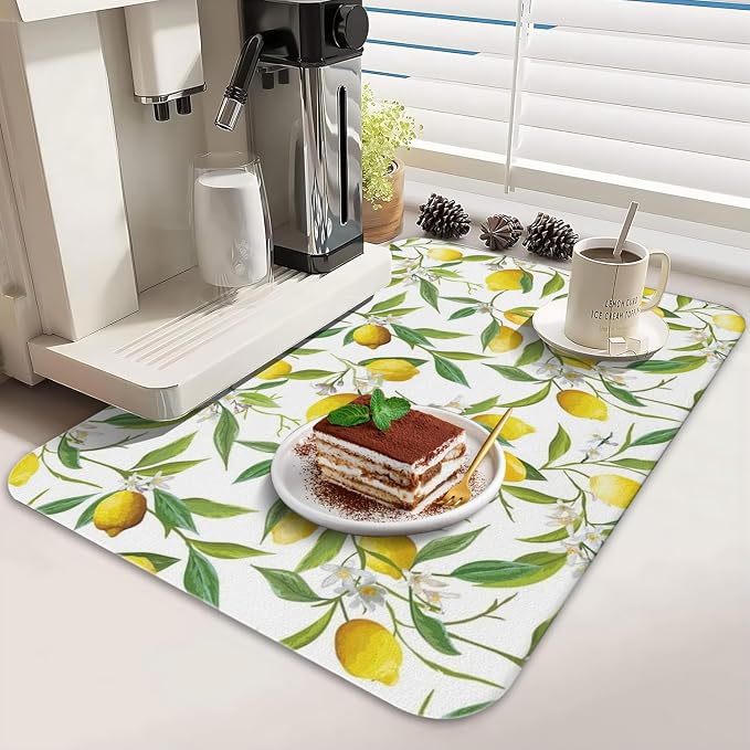 Dish Drying Mat 2-Pack with Lemon for Kitchen Counter Absorbent Dishes Mat | Diatom Mud Mats (18x24, 19.5x12"). Non-slip rubber back for kitchen counter, coffee bar & sink scenes