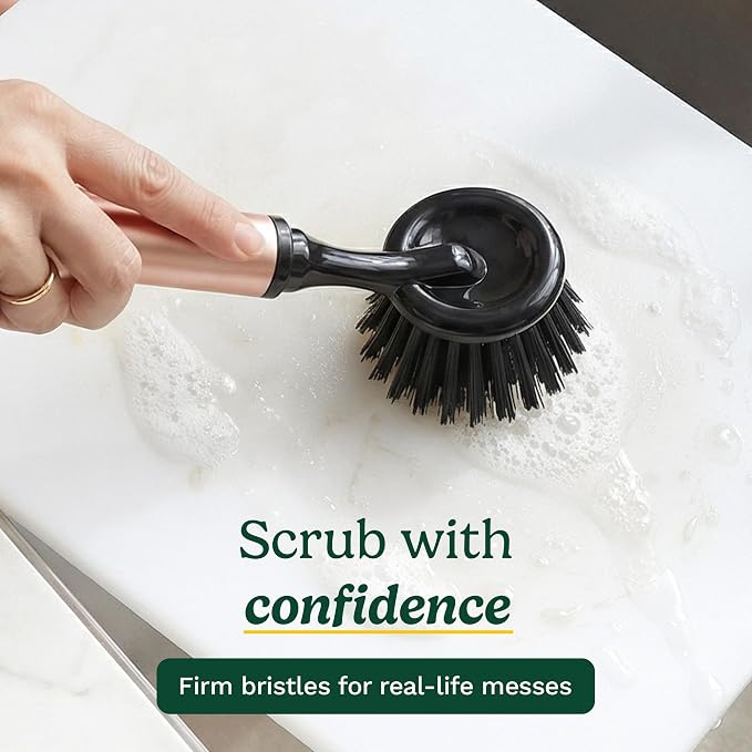 Cuisinart Dish Brush with Handle, 2 Pack, Firm Bristles | Multi-purpose dish scrubber for plates, pots, and pans, deep cleaning removes grease, safe for nonstick, round head