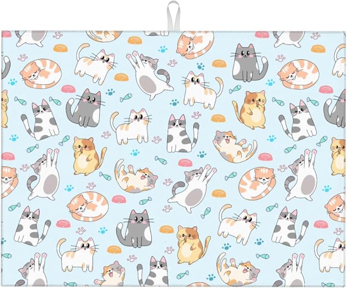 Cute Cat Dish Drying Mat for Kitchen Counter Cute Kitchen Dish Mat Microfiber Kitchen Countertop Absorbent Reversible Drainer Rack Pad