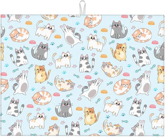 Cute Cat Dish Drying Mat for Kitchen Counter Cute Kitchen Dish Mat Microfiber Kitchen Countertop Absorbent Reversible Drainer Rack Pad