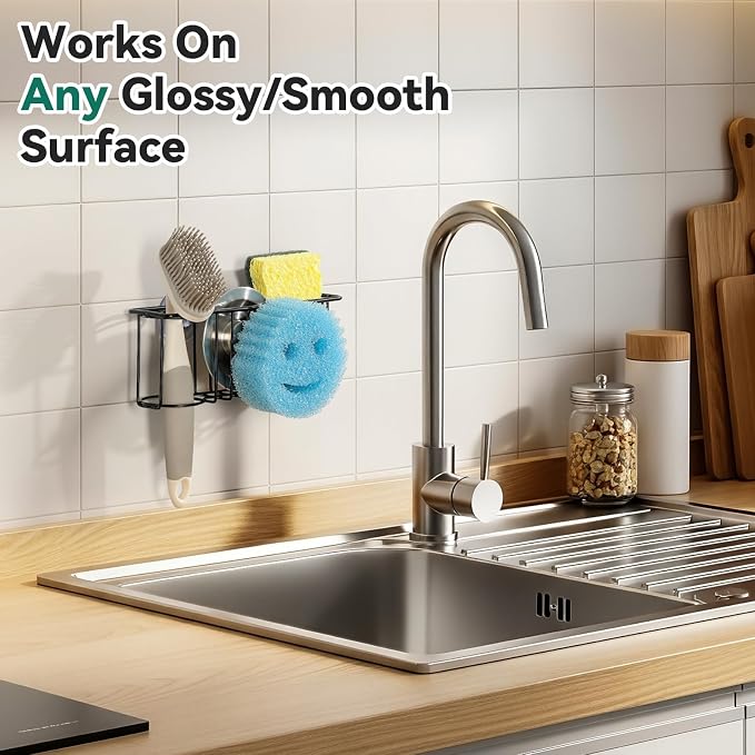 3-IN-1 Multiuse Sponge Holder for Kitchen Sink, Sponge Caddy for Scrub Daddy/Scrub Mommy Smiley Face, Sink Organizer Accessories for Dish Brush, Scrubber - with 2 Suction Cups & 1 Adhesive Hook