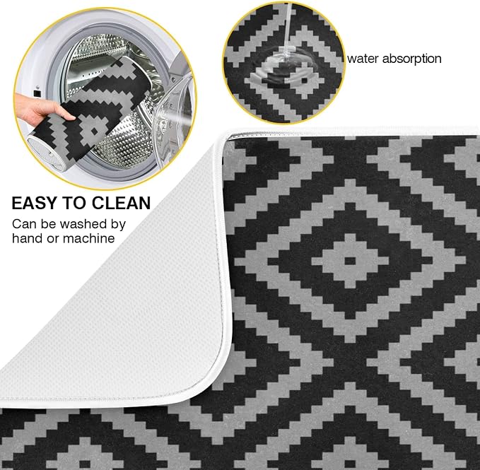Super Absorbent Dish Drying Mat, Microfiber Fast-Drying Dish Mat, 16" x 18, Kitchen Dish Drying Pad, Black Moroccan Rhombus Plaid