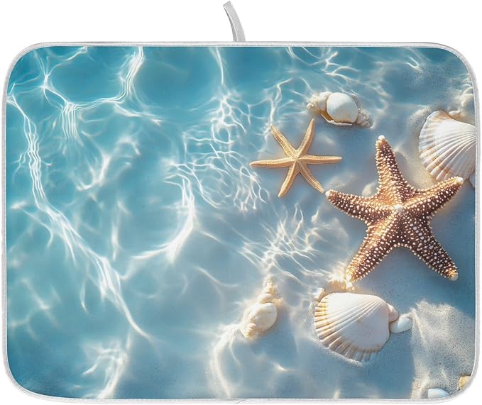 Starfish and Seashell on The Summer Beach Dish Drying Mat for Kitchen Counter Absorbent Microfiber Large Drying Pad Dish Mats for Kitchen Countertops 18 x 24 Inch