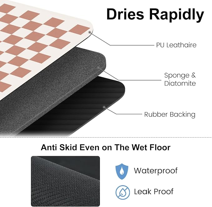 Clinuse Coffee Mats, 19"x12" Checkered Dish Drying Mat for Kitchen Counter, Quick Dry Mat, Diatomite Absorbent Aesthetic Large Drying Mats for Coffee Bar - Beige White