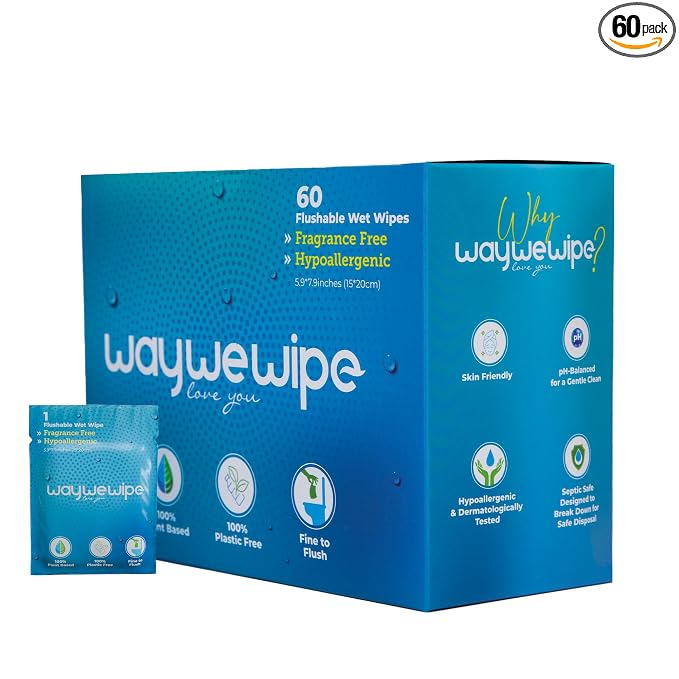 On-The-Go Flushable Wet Wipes, 60 Count XL Individually Wrapped Adult Wipes, Hypoallergenic 100% Plant Based Septic Safe, Travel Size Cleansing Cloth for Men & Women, Fragrance Free (60 Ct)