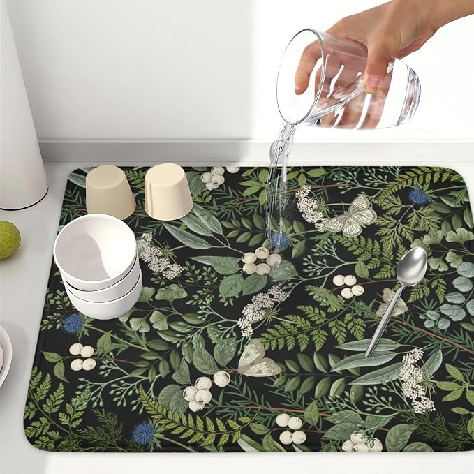 Sage Green Botanical Fruit Dish Drying Mat 18x24 Inch | Butterfly，Polyester，Absorbent Microfiber，for Kitchen Coffee Dining Bar Decor