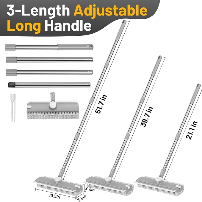 3 in 1 Floor Scrub Brush with Long Handle & Squeegee | Heavy-Duty, Adjustable, 360° Rotating Head for Cleaning Tile Bathroom Deck Kitchen Patio, Gray