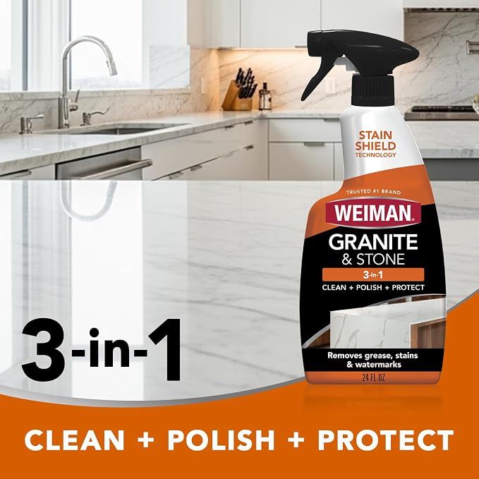 Weiman Granite and Stone Cleaner 3-in-1, Removes Grease, Stains & Watermarks, Streak-Free Formula with Stain Shield Technology, Safe on Marble, Quartz, Tile, Granite, Quartzite & Slate
