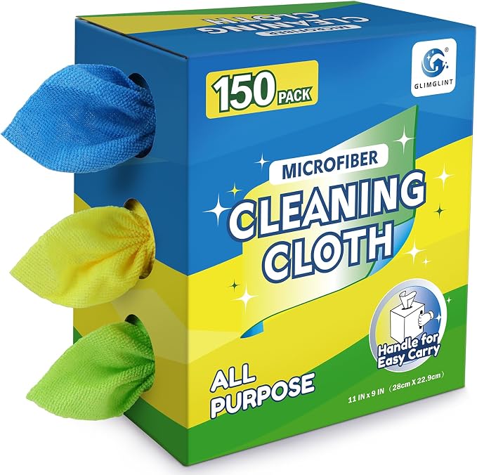 GLIMGLINT Microfiber Cleaning Cloth, 150 Pack Reusable Lint-Free Towels - Blue, Yellow & Green Soft Microfiber Towels for Home, Kitchen, Bathroom, Glass & Tables - 11"x9" Washable Shop Rags