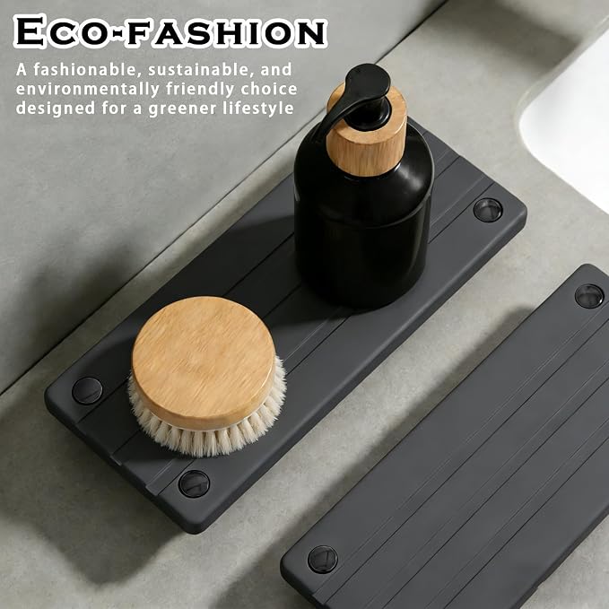 2PCS Instant Dry Sink Caddy for Bathroom Counter, Durable Kitchen Sink Organizer, Diatomite Stone Drying Tray, Upgrade Water Absorbing Stone Tray for Sink, Anti-Slip Stone Soap Tray -Dark Gray