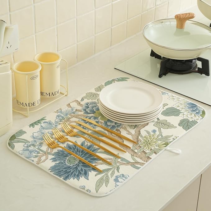 Chinoiserie Dish Drying Mat 18x24 Inch Vintage Sage Green Blue Floral Drying Mat Boho Spring Summer Seasonal Absorbent Dish Drying Pad Dish Rack Drainer Mats for Kitchen Dining Counter