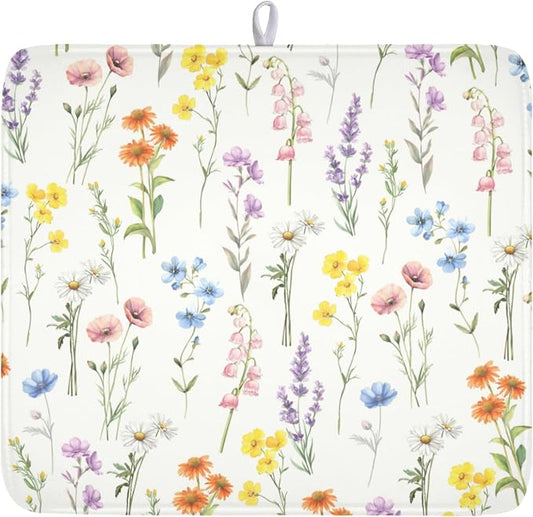 Spring Summer Colorful Floral Dish Drying Mat 16x18 Inch | Wildflower，Polyester，Absorbent Microfiber，for Kitchen Coffee Dining Bar Decor