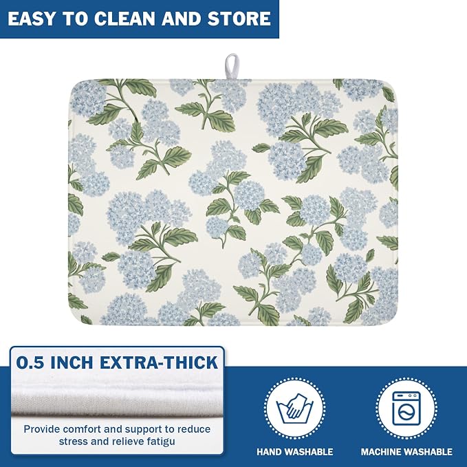 Blue Hydrangea Floral Dish Drying Mat for Kitchen Counter Spring Summer Vintage Flower Microfiber Dish Drainer Mat Rustic Farmhouse Absorbent Washable Drying Pad Extra Large 18"x24"