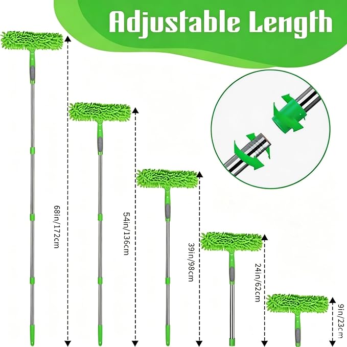 2-in-1 Window Cleaner Tool, 68'' Squeegee for Window Cleaning | Extension Pole, Scrubber with Rotating Head, Streak-Free Squeegee, Thickened Stainless Steel, In/Outdoor Washing Equipment