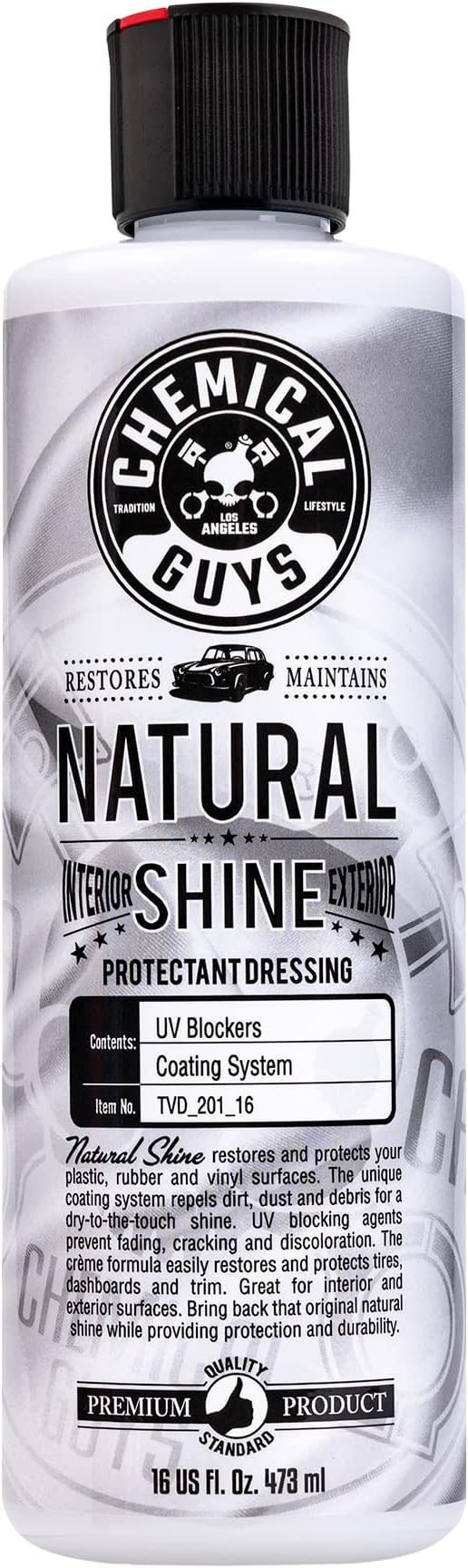 Chemical Guys, Natural Shine Satin Dressing, Plastic, Rubber & Vinyl, 16 oz | Leaves a low-key factory look, not a wet gloss, and dries without greasy residue or dashboard glare in the sun