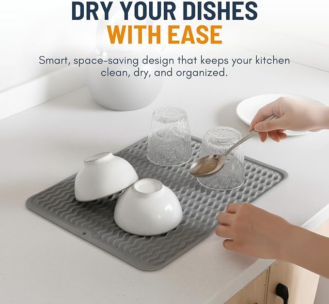 Silicone Dish Drying Mat for Kitchen Counter - Multi-Use 18 x 16 Inch Pad, Non-Slip & Heat-Resistant, Perfect Dish Drainer Mat by Linda’s Essentials, Ideal Kitchen Accessory (Gray)