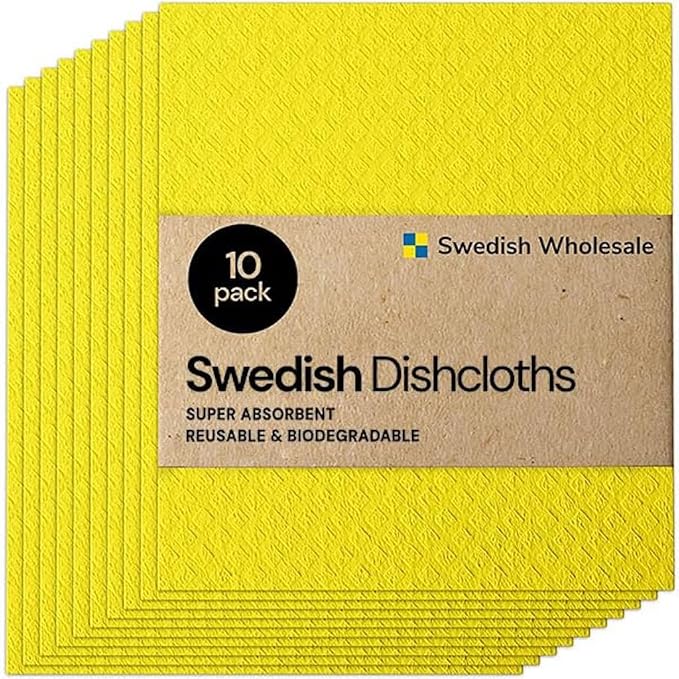Swedish Wholesale Dishcloths Reusable 8" x 7" Sponge Cloths, Bulk 10 Pack of High Absorbent Cellulose Dish & Kitchen Cleaning Hand Towels, Wring to Dry & Machine Wash, Odor Resistant, Yellow