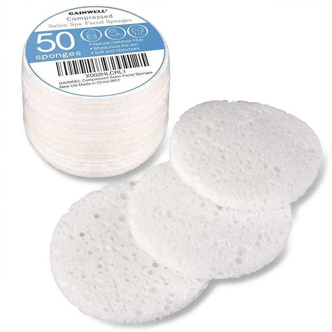 50-Count Compressed Facial Sponge, GAINWELL White Cellulose 100% Natural Cosmetic Spa Sponges for Facial Cleansing, Exfoliating Mask, Makeup Removal