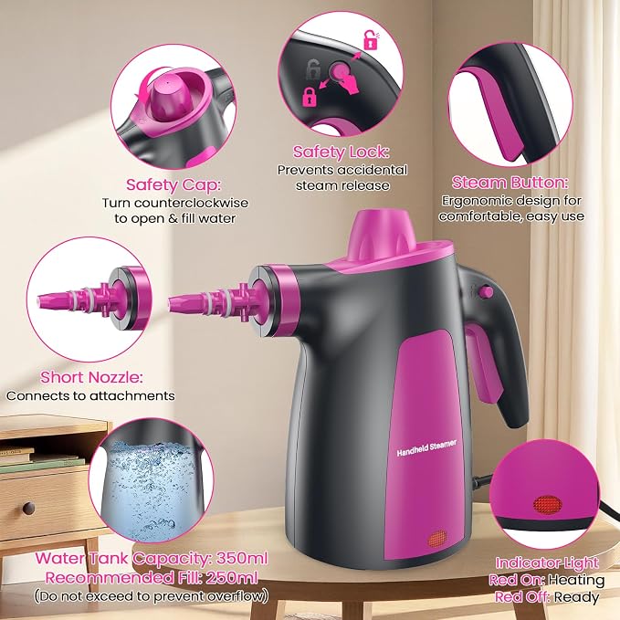 12Pcs Pressurized Handheld Steam Cleaner, Portable Deep Cleaning Steamer | Natural Deep Cleaning, Multi-Purpose for Home, Grout, Kitchen, Car, Window, Upholstery, Bathroom and Clothes