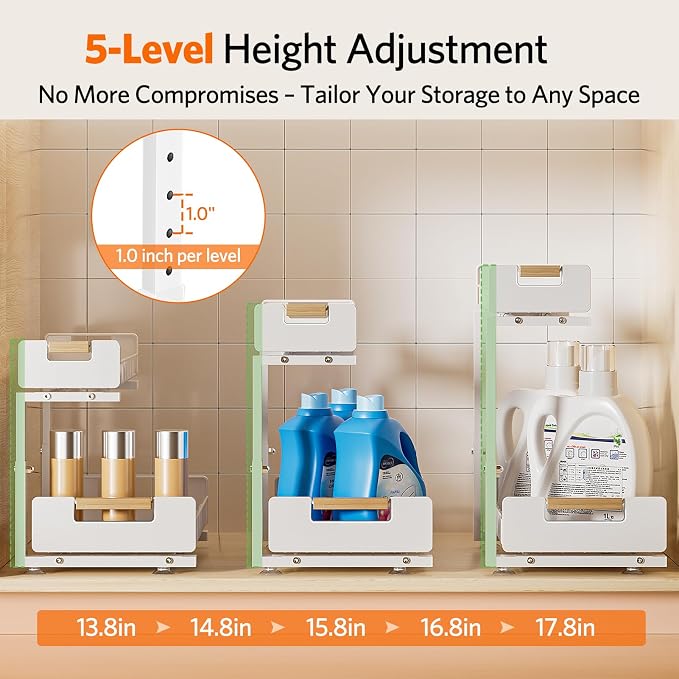 Delamu Under Sink Organizer 2 Pack, Pull Out Cabinet Organizer for Kitchen Sink, 2 Tier Metal Slide Out Shelf Caddy for Bathroom Storage, 5 Adjustable Heights for Pantry & Laundry Room, White