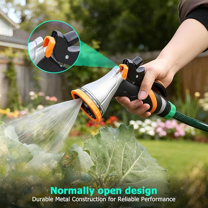 QUOBAS Metal Garden Hose Nozzle, Heavy Duty Water Hose Sprayer, Leak Proof | 10 Pattern Water Nozzle with Rubber Gasket, Garden Sprayer for Watering Plants, Washing Cars, Pet Shower, Orange