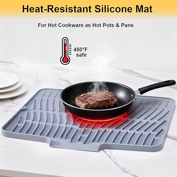 Silicone Dish Drying Mat for Kitchen Counter,Non-Slip Dish Drying Pad with Drain Lip,Heat Resistant Sink drying Mat for Dishes,Large Rubber dish drain mat dish rack mat (Grey,15.8"x13")