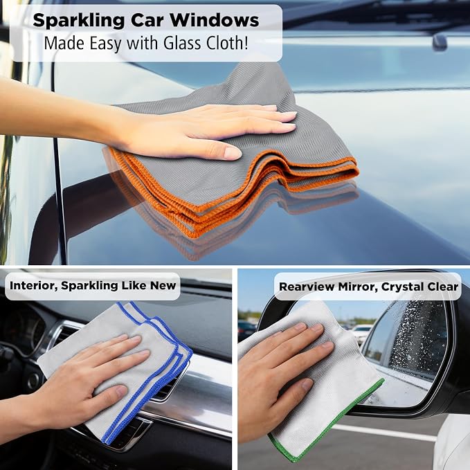 Puomue 12 Pack Microfiber Glass Cleaning Cloth, 320GSM Thick Lint Free Glass Towels, Reusable Window Cleaning Cloth for Windshields, Lenses, Glasses, Mirrors & Windows, Polishing Silver, 13.8" x 10.8"