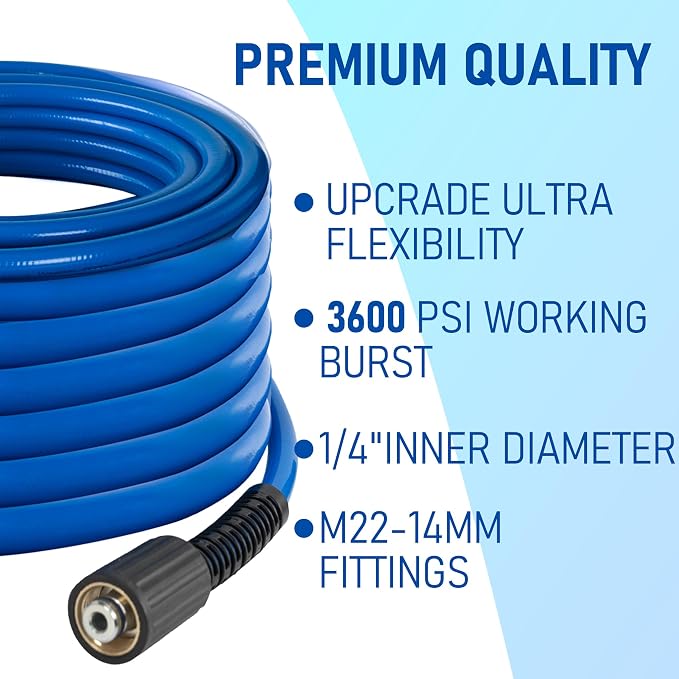 Hourleey Pressure Washer Hose 30 FT, 3600 PSI Flexible Kink Resistant Power Washer Hose Replacement, 1/4" Quick Connect Pressure Hose Extension, Blue
