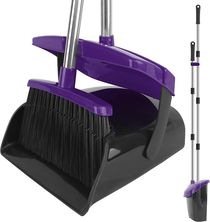 Broom and Dustpan Set, 51" Long Handle Broom with Dustpan Combo Set, Windproof and Self-Cleaning Teeth, Purple Household Dust Pan Set Sweep Kitchen Office Lobby Pet Room