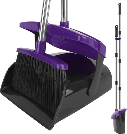 Broom and Dustpan Set, 51" Long Handle Broom with Dustpan Combo Set, Windproof and Self-Cleaning Teeth, Purple Household Dust Pan Set Sweep Kitchen Office Lobby Pet Room
