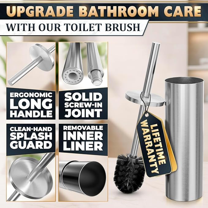 2 Pcs Stylish Stainless Steel Toilet Brush and Holder Set - Silver Toilet Bowl Brush and Holder with Splash Cover, Sturdy Bristles, Corrosion & Scratch Resistant - Elegant Design, Effective Cleaning