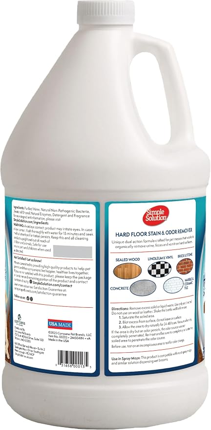 Simple Solution Hard Floor Stain & Odor Remover, Pet Stain Cleaner, Gallon | Dog Stain & Odor Remover, Pet Urine Enzyme Cleaner, Dog Urine Hardwood Cleaner, Pet Odor Eliminator, Hard Floor Stain Remover