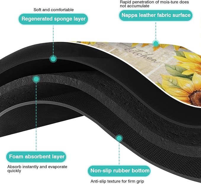 Sunflower Kitchen Countertop Dish Drying Mat,Super Absorbent Coffee Bar Mat for Maker Espresso Machine, Anti-Slip Accessories for Kitchen Countertops 24x18 Inch