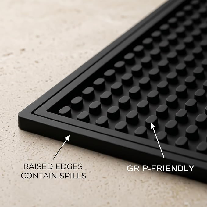 Rubber Bar Mat for Counter, Black 2 Pack 12"x18" grip-friendly Coffee Bar Mat, Heat Resistant & Spill-proof Countertop Protector Mat for Kitchen, Home Bar, Coffee Station, Easy Clean Dish Drying Mat