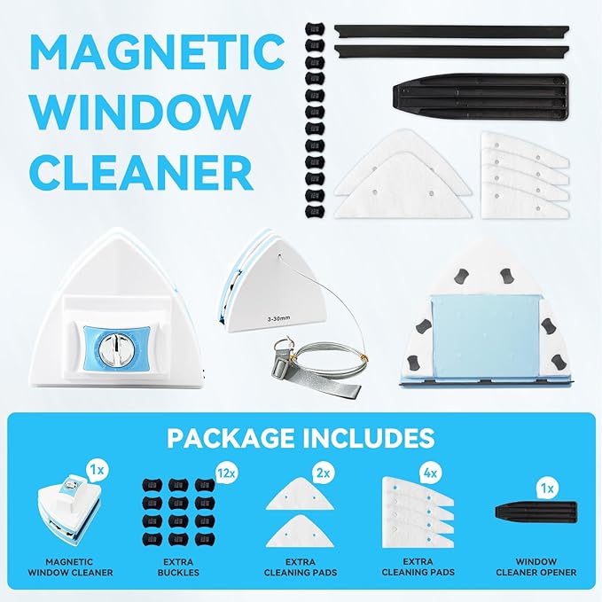 Double-Sided Magnetic Window Cleaner, Blue | Adjustable Magnetic Equipment, Fits 3-30mm Glass Thickness, 2.5m Safety Rope, High-Rise & Auto Glass, Safe Anti-Pinch Wiper