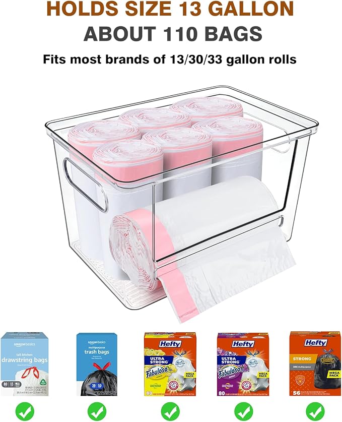 Trash Bag Dispenser 2 Pack - Under Sink Organizer, Plastic Bag Holder, Stackable Acrylic Garbage Bag Storage with Bamboo Lid for Kitchen Cabinet, 13/30/33 Gallon Grocery Bag Dispenser
