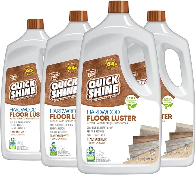 Quick Shine Hardwood Floor Luster 64 oz-4 Pk, Natural Looking Shine | Plant Derived Carnauba Polish, Renew & Protect, Streak & Haze Free, Non-slip, pH Neutral, No PFAS, EPA Safer Choice