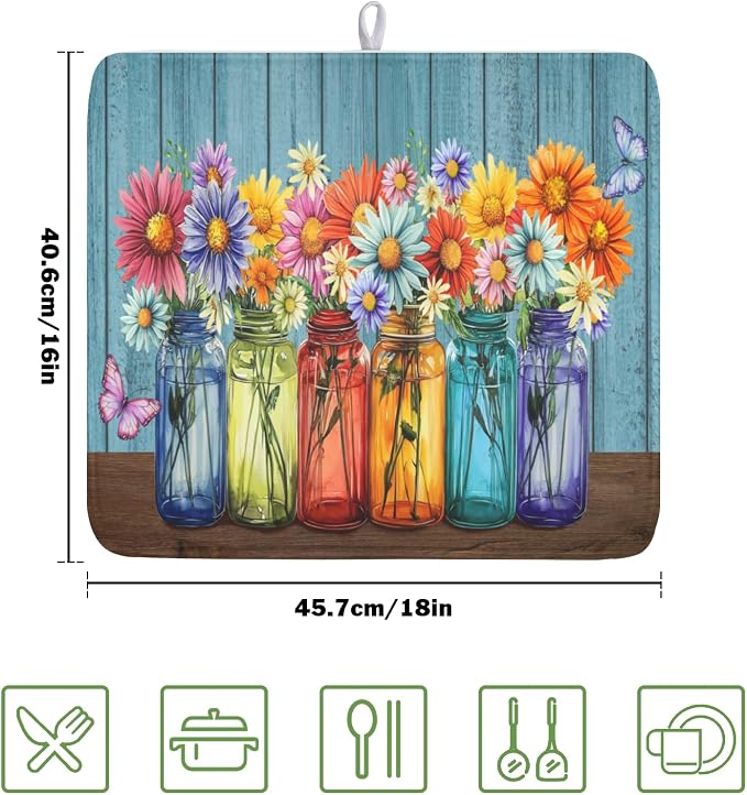 Vintage Floral Dish Drying Mat for Kitchen Counter Rustic Flower Vases Wooden Board Microfiber Dish Drainer Mat Spring Summer Absorbent Washable Drying Pad 16"x18"