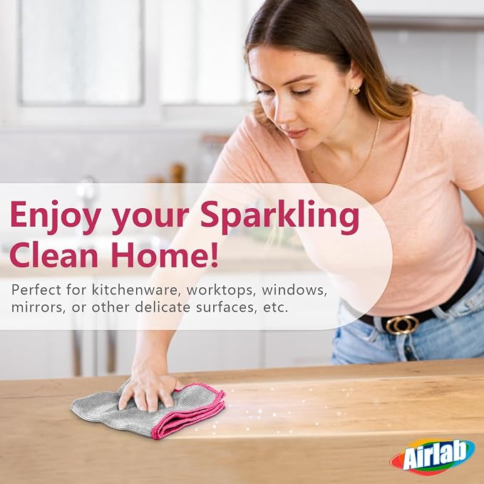 Airlab Glass Polishing Streak Free Miracle Cleaning Cloth, Sliver-Pink | Lint Free Microfiber Cleaning Rags for Glasses Kitchen Dish Mirrors Easy Clean, 12 x 12 Inches, Pack of 6