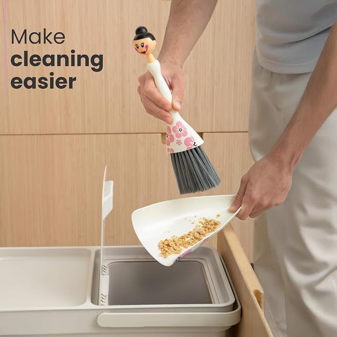 Vigar Mini Broom and Dustpan Set - Small Broom and Dustpan, Hand Broom for Desk, Kitchen, Car, Crumb Brush for Dust & Pet Hair, Decorative Doll Design, Portable Dust Pan Brush for Indoor - White