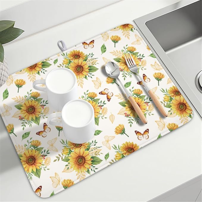 Sunflower Dish Drying Mat for Kitchen Counter Summer Yellow Floral Microfiber Dish Drainer Mat Rustic Farmhouse Absorbent Washable Drying Pad Extra Large 18"x24"