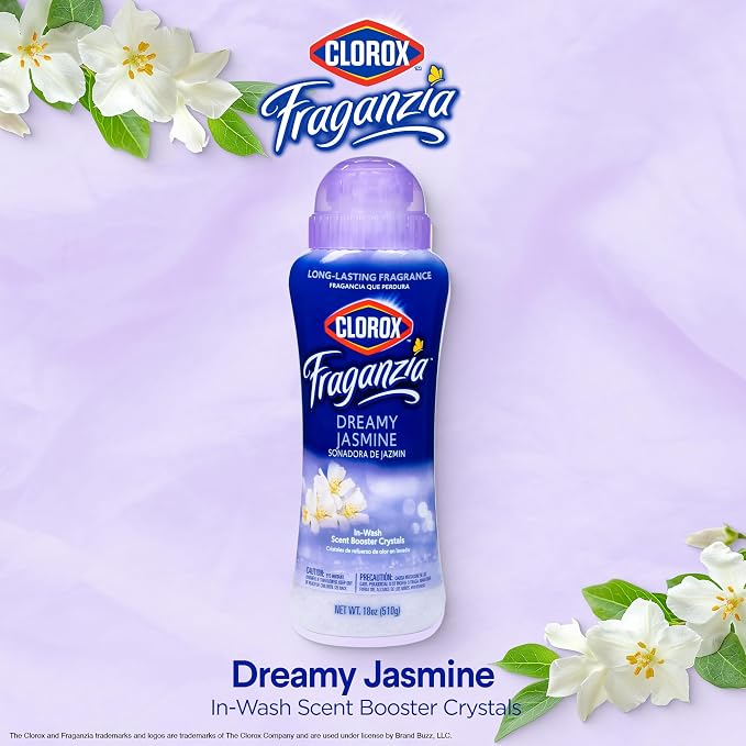 Clorox Fraganzia Laundry Scent Booster Crystals, In-Wash Fragrance Beads for Fresh-Smelling Clothes & Linens, Safe for All Fabrics & Colors, Easy-Pour Bottle, Dreamy Jasmine Scent, 18 Oz, 2 Pack