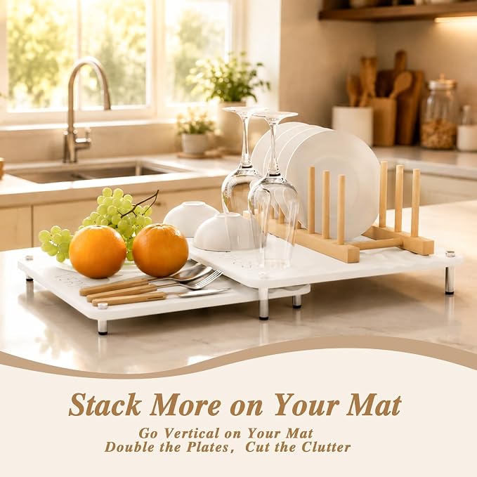 VERIFOST Nested Dish Drying Mat with Bamboo Rack for Dishes, 2Pcs Diatomaceous Earth Stone, Fast Stone Drying Mat for Kitchen Counter with Non-slip Feet, Pearl