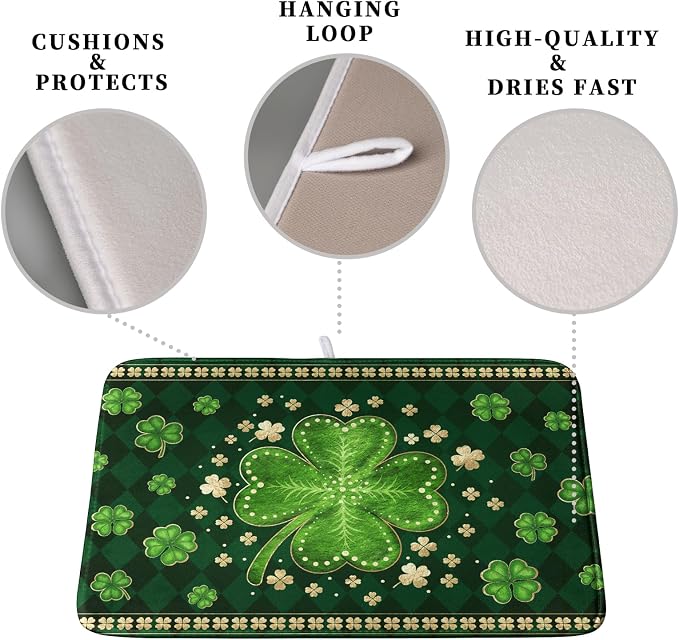 St Patricks Day Drying Mat for Kitchen Counter Shamrock Dish Drying Mats Lucky Clovers Green Plaid Dish Dryer Pad Absorbent Reversible Dish Drainer Rack Mat Kitchen Accessories 16x18 Inch