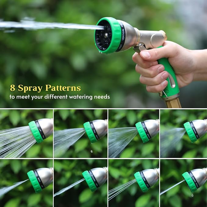 HOSUN 100% Metal Garden Hose Nozzle Sprayer with Ergonomic Handle, Green | Heavy Duty, 8 Spray Patterns, Zinc Alloy Body, High Pressure, Non-Slip Grip, Squeeze latch, Watering Plant, Washing Car