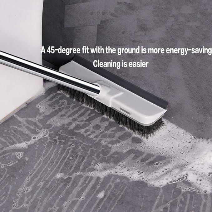 Floor Scrub Brush with Long Handle 2 in 1 Scrape Brush Stiff Bristle Floor Scrubber with Squeegee Cleans Kitchen, Wall, Tile, Grout, Tub for Cleaning Patio Bathroom Garage Wall Deck