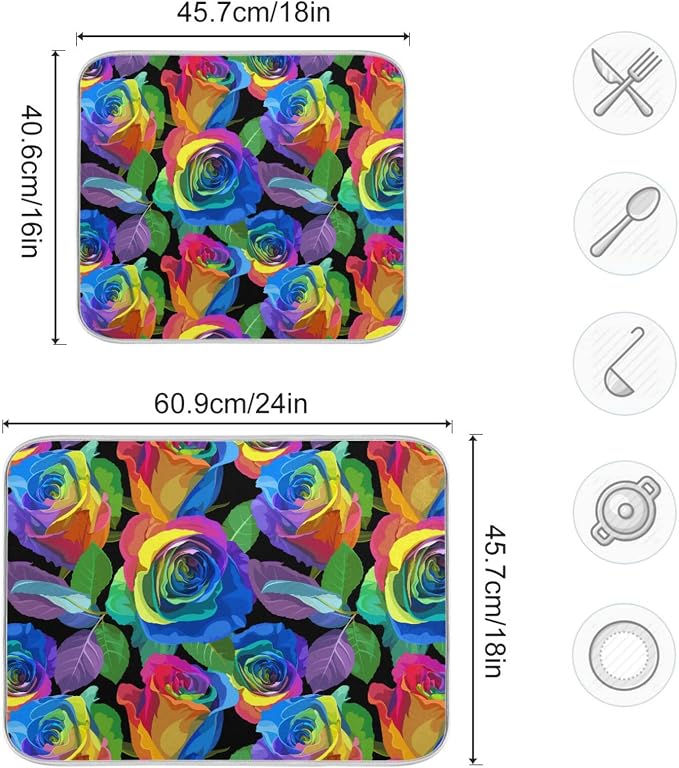 Absorbent Dish Drying Mat for Kitchen Counter - Colorful Rose Vintage Microfiber Drying Pad, Reversible Drainer Mats for Countertop, Lager 18 x 24 inch